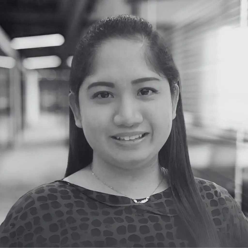 A photo of Angel Bantug in black and white