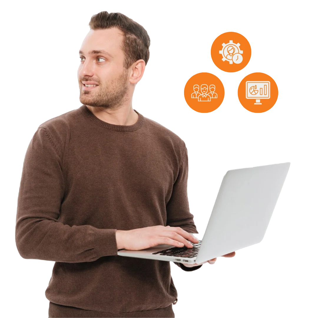 A man looking behind while holding a laptop with 3 icons in the background