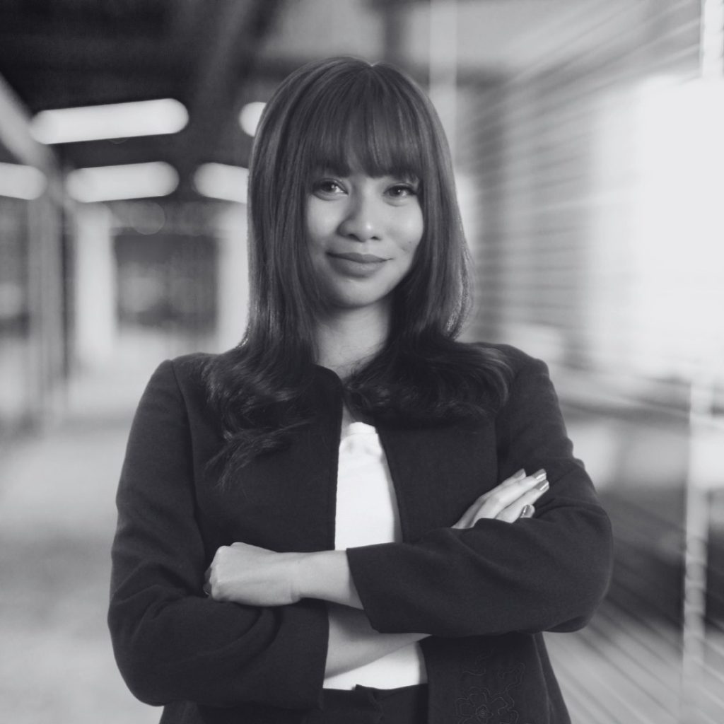 A photo of Korine Pineda in black and white