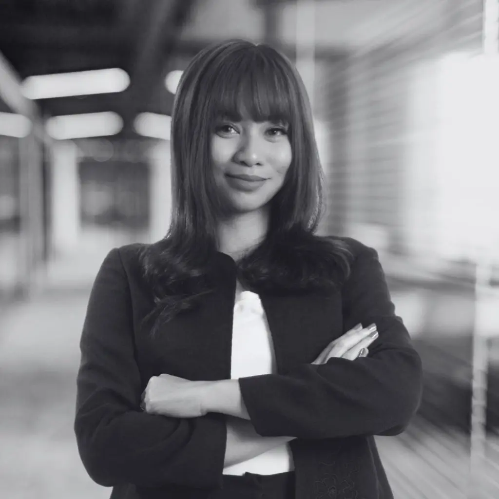 A photo of Korine Pineda in black and white