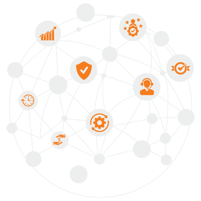 Connected Tech Icons related to Managed IT Services in colors gray and orange