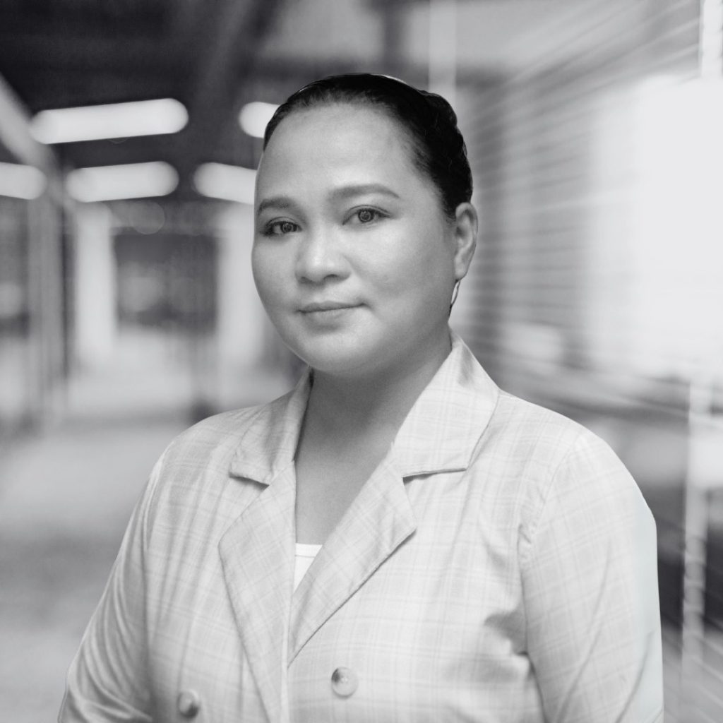 A photo of Pam del Rosario in black and white