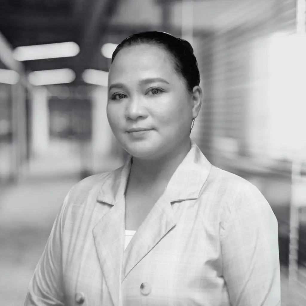 A photo of Pam del Rosario in black and white