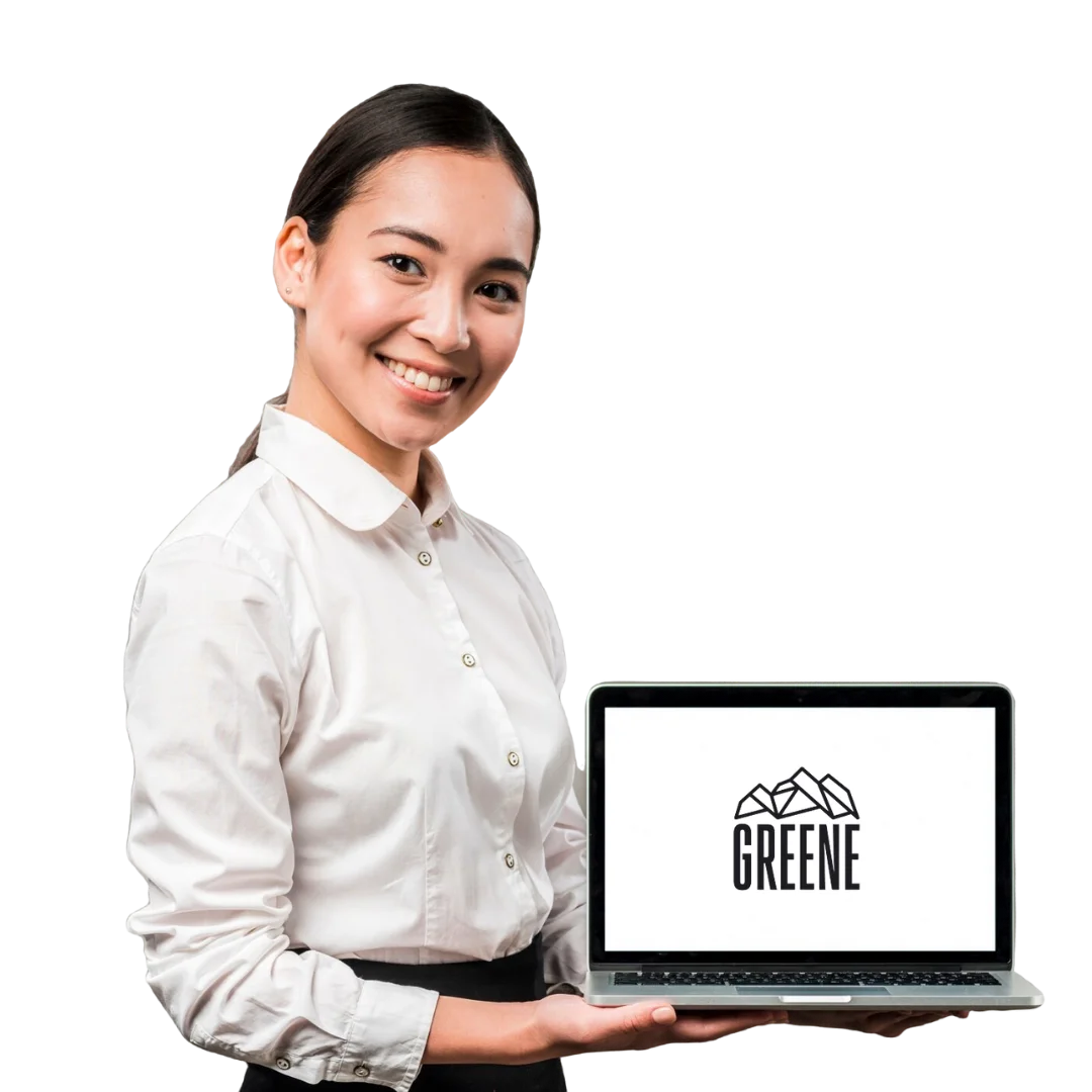 A girl holding a laptop with the Greene logo
