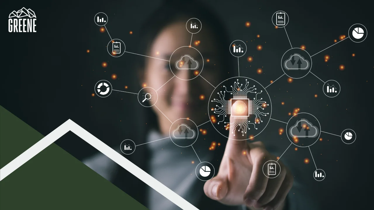 Woman pointing at cloud infrastructure visuals