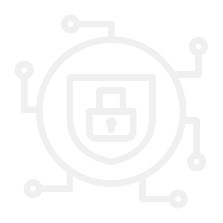 A graphic of connected tech patterns with security icon inside.
